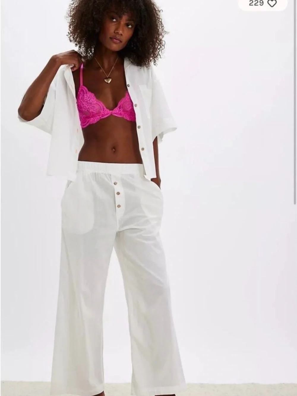 Free People White Wide-Leg Button-Front Pants with Elastic Waist and Top